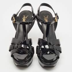 Saint Laurent Black Patent Leather Tribute  Sandals Size 38