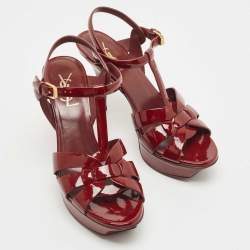 Pre Owned Saint Laurent Burgundy Patent Tribute Ankle Strap Sandals Size 38