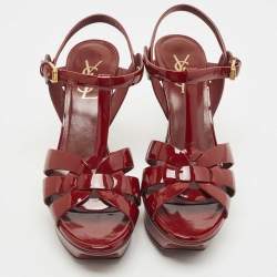 Pre Owned Saint Laurent Burgundy Patent Tribute Ankle Strap Sandals Size 38