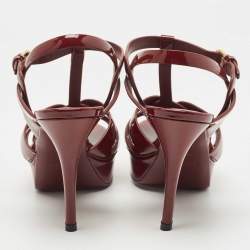 Pre Owned Saint Laurent Burgundy Patent Tribute Ankle Strap Sandals Size 38