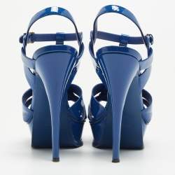 Pre Owned Saint Laurent Blue Patent Tribute Ankle Strap Sandals Size 39