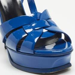 Pre Owned Saint Laurent Blue Patent Tribute Ankle Strap Sandals Size 39