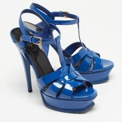 Pre Owned Saint Laurent Blue Patent Tribute Ankle Strap Sandals Size 39