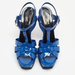 Pre Owned Saint Laurent Blue Patent Tribute Ankle Strap Sandals Size 39