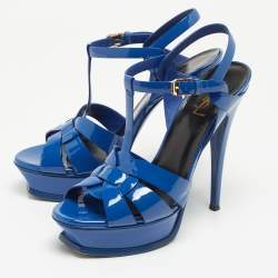 Pre Owned Saint Laurent Blue Patent Tribute Ankle Strap Sandals Size 39