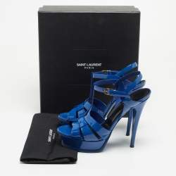 Pre Owned Saint Laurent Blue Patent Tribute Ankle Strap Sandals Size 39