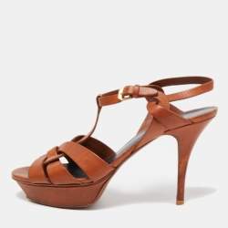 Pre Owned Saint Laurent Brown Leather Tribute Ankle Strap Sandals Size 41