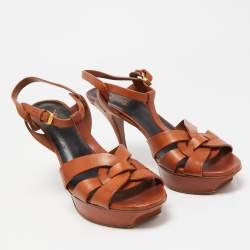 Pre Owned Saint Laurent Brown Leather Tribute Ankle Strap Sandals Size 41
