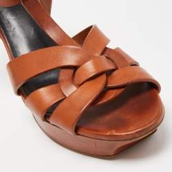 Pre Owned Saint Laurent Brown Leather Tribute Ankle Strap Sandals Size 41