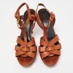 Pre Owned Saint Laurent Brown Leather Tribute Ankle Strap Sandals Size 41