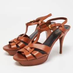 Pre Owned Saint Laurent Brown Leather Tribute Ankle Strap Sandals Size 41