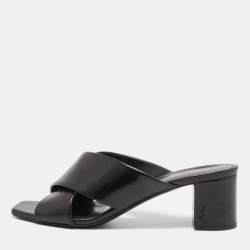 Pre Owned Saint Laurent Black Leather Loulou Criss Cross Block Heel Slide Sandals Size 37.5