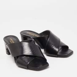 Pre Owned Saint Laurent Black Leather Loulou Criss Cross Block Heel Slide Sandals Size 37.5