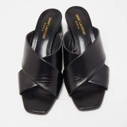 Pre Owned Saint Laurent Black Leather Loulou Criss Cross Block Heel Slide Sandals Size 37.5