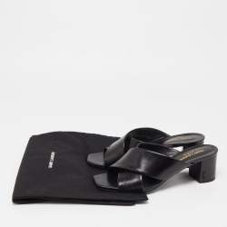 Pre Owned Saint Laurent Black Leather Loulou Criss Cross Block Heel Slide Sandals Size 37.5