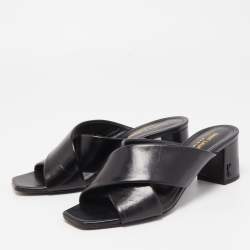 Pre Owned Saint Laurent Black Leather Loulou Criss Cross Block Heel Slide Sandals Size 37.5