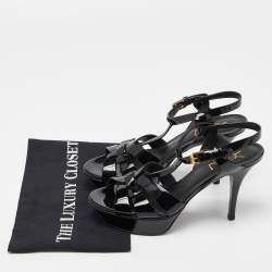 Pre Owned Saint Laurent Black Patent Leather Tribute Ankle Strap Sandals Size 37.5