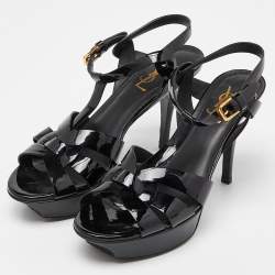 Pre Owned Saint Laurent Black Patent Leather Tribute Ankle Strap Sandals Size 37.5