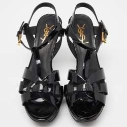 Pre Owned Saint Laurent Black Patent Leather Tribute Ankle Strap Sandals Size 37.5