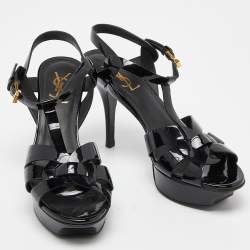 Pre Owned Saint Laurent Black Patent Leather Tribute Ankle Strap Sandals Size 37.5