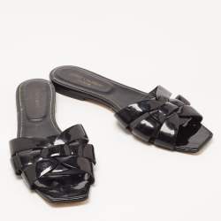 Pre Owned Saint Laurent Black Patent Leather Tribute Flat Slides Size 39.5