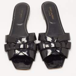 Pre Owned Saint Laurent Black Patent Leather Tribute Flat Slides Size 39.5