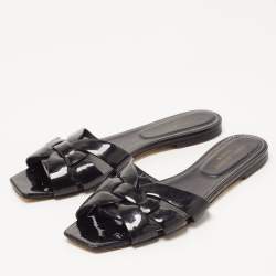 Pre Owned Saint Laurent Black Patent Leather Tribute Flat Slides Size 39.5