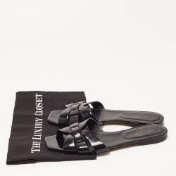 Pre Owned Saint Laurent Black Patent Leather Tribute Flat Slides Size 39.5