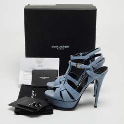 Pre Owned Saint Laurent Navy Blue Denim Tribute Platform Ankle Strap Sandals Size 37