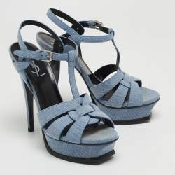Pre Owned Saint Laurent Navy Blue Denim Tribute Platform Ankle Strap Sandals Size 37