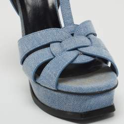 Pre Owned Saint Laurent Navy Blue Denim Tribute Platform Ankle Strap Sandals Size 37