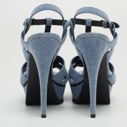 Pre Owned Saint Laurent Navy Blue Denim Tribute Platform Ankle Strap Sandals Size 37