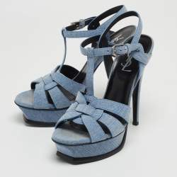 Pre Owned Saint Laurent Navy Blue Denim Tribute Platform Ankle Strap Sandals Size 37