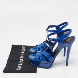 Saint Laurent Blue Patent Leather Tribute Platform Sandals Size 40
