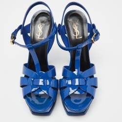 Saint Laurent Blue Patent Leather Tribute Platform Sandals Size 40