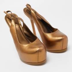 Pre Owned Saint Laurent Metallic Leather Tribtoo Slingback Pumps Size 38.5