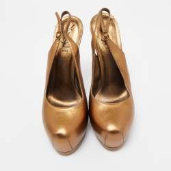 Pre Owned Saint Laurent Metallic Leather Tribtoo Slingback Pumps Size 38.5