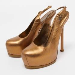 Pre Owned Saint Laurent Metallic Leather Tribtoo Slingback Pumps Size 38.5