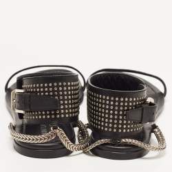 Pre Owned Saint Laurent Black Leather Studded Ankle Cuff Flat Sandals Size 36