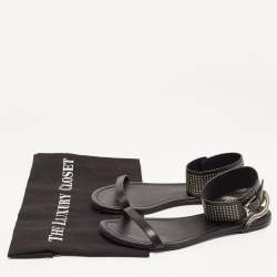 Pre Owned Saint Laurent Black Leather Studded Ankle Cuff Flat Sandals Size 36