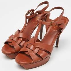 Yves Saint Laurent Tan Leather Tribute Platform Sandals Size 41