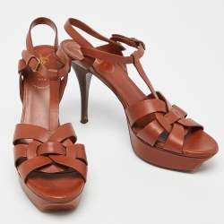 Yves Saint Laurent Tan Leather Tribute Platform Sandals Size 41