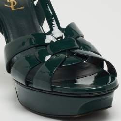 Saint Laurent Green Patent Leather Tribute Platform Ankle Strap Sandals Size 40