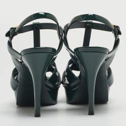 Saint Laurent Green Patent Leather Tribute Platform Ankle Strap Sandals Size 40