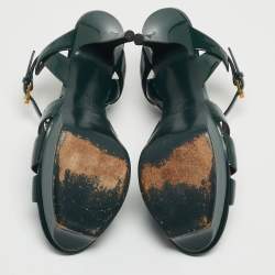 Saint Laurent Green Patent Leather Tribute Platform Ankle Strap Sandals Size 40