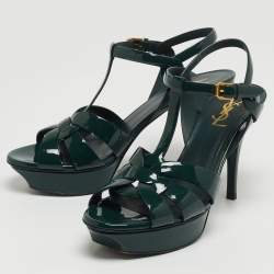 Saint Laurent Green Patent Leather Tribute Platform Ankle Strap Sandals Size 40