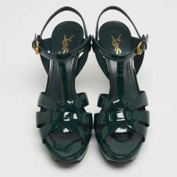 Saint Laurent Green Patent Leather Tribute Platform Ankle Strap Sandals Size 40