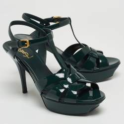 Saint Laurent Green Patent Leather Tribute Platform Ankle Strap Sandals Size 40