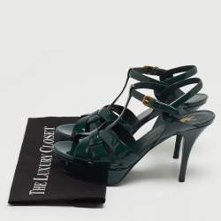 Saint Laurent Green Patent Leather Tribute Platform Ankle Strap Sandals Size 40