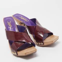 Pre Owned Saint Laurent Purple Patent Leather Slide Sandals Size 38